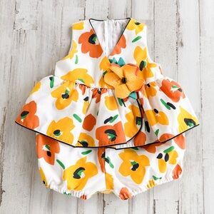 Vintage Floral Bubble Romper Outfit Mod Flower Summer Orange Baby Girls 18 Mos
